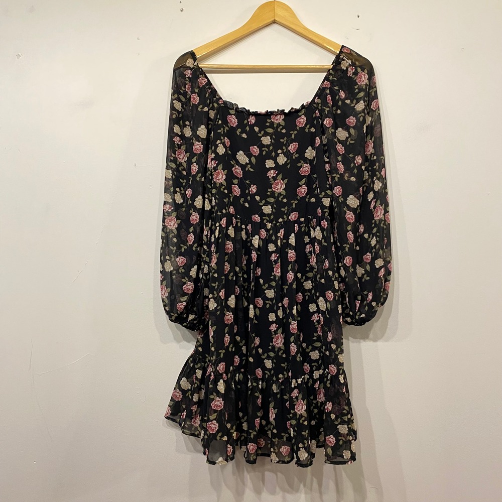 Celebrity Pink Floral Mini Dress Black Rose Smocked Back Long Sleeve Medium